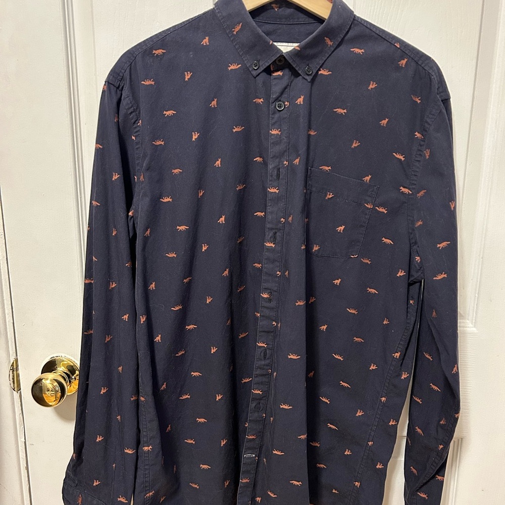 Frank & Oak Blue Fox Print Button Down Shirt